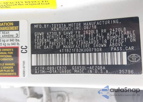 2019 Toyota Avalon Xse из США, поврежденный, VIN 4T1BZ1FB2KU007908